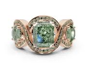 Radiant Cut Three Stone Halo Engagement Ring Setting for a Fancy Green Lab-Grown Diamond | Pavé Wave Band | Rose Gold