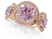 Round Three Stone Halo Engagement Ring Setting for a Fancy Pink Lab-Grown Diamond | Pavé Wave Band | Rose Gold