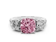 Fancy Pink Cushion Cut Diamond Three-Stone Ring Set in Silver with Pavé Band