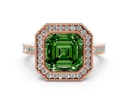 Fancy Green Asscher Cut Diamond Halo Ring Set in Rose gold with Pavé Band and Milgrain-Edged Prongs