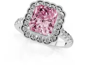 Fancy Pink Radiant Cut Diamond Milgrain Floral Halo Engagement Ring Set in Platinum with Pavé Band