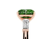 Fancy Green Radiant Cut Diamond Solitaire Ring Set in Rose gold with Tapered Baguette Side Stones and Prong Setting