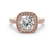 Cushion Cut Vintage Milgrain Halo Engagement Ring Setting | Filigree Gallery | Rose Gold