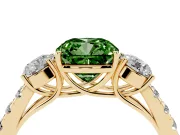 Fancy Green Cushion Cut Diamond Three-Stone Ring Set in Yellow gold with Round Side Stones and Delicate Pavé Band
