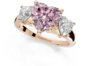 Heart-Shaped Three Stone Engagement Ring Setting for a Fancy Pink Lab-Grown Diamond | Wide Tapered Shoulders | Rose Gold