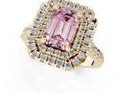 Fancy Pink Emerald Cut Diamond Double Halo Statement Ring Set in Yellow gold with Pavé Band