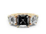 Asscher Cut Three Stone Engagement Ring Setting for a Black Center | Accented Shoulders | Yellow Gold