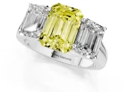 Emerald Cut Three Stone Engagement Ring Setting for a Fancy Yellow Lab-Grown Diamond | Basket Prong Heads | Platinum