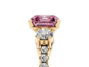 Fancy Pink Three-Stone Asscher Cut Diamond Pavé Band Ring Set in Yellow gold with Prong-Set Trio