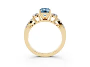 Fancy Blue Emerald Cut Diamond Three-Stone Ring Set in Yellow gold with Pavé Split Shank and Prong Setting