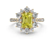Fancy Yellow Emerald Cut Diamond Floral Halo Ring Set in Yellow gold with Round Pavé Band and Prong Setting