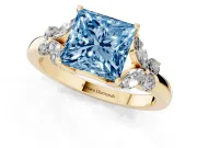 Fancy Blue Princess Cut Diamond Solitaire Floral Ring Set in Yellow gold with Marquise Petals and Prong Setting