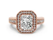 Radiant Cut Vintage Milgrain Halo Engagement Ring Setting | Carved Leaf Detail | Rose Gold