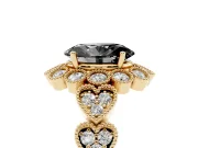 Oval Scalloped Halo Engagement Ring Setting for a Black Center | Heart Pavé Band | Yellow Gold