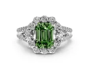 Fancy Green Emerald Cut Diamond Halo Split Shank Engagement Ring Set in Silver with Prong-Held Center Stone
