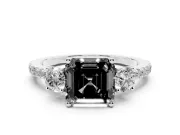 Asscher Cut Three Stone Engagement Ring Setting for a Black Center | Pavé Shoulders | Sterling Silver