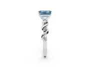 Fancy Blue Emerald Cut Diamond Solitaire Ring Set in Silver with Ribbon Twist Band, Round Accents and Prong Setting