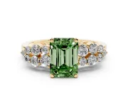 Fancy Green Emerald Cut Diamond Cluster Engagement Ring Set in Yellow gold with Pavé Band and Prong Setting