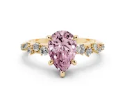 Fancy Pink Pear Cut Diamond Solitaire Vine Band Ring Set in Yellow gold with Round Accents and Prong Setting