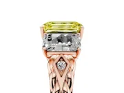 Fancy Yellow Emerald Cut Diamond Three-Stone Ring Set in Rose gold with Braided Band