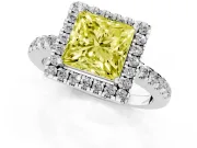 Fancy Yellow Princess Cut Diamond Pavé Band Halo Engagement Ring Set in White gold with Prong Setting