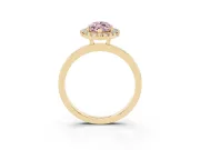 Fancy Pink Marquise Cut Diamond Halo Solitaire Ring Set in Yellow gold with Pavé Band and Prong Setting