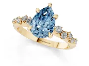 Fancy Blue Pear Cut Diamond Solitaire Vine Band Ring Set in Yellow gold with Round Accents and Prong Setting
