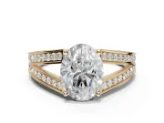 Oval Split Shank Pavé Engagement Ring Setting | Engraved Leaf Sides | Yellow Gold