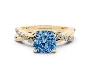 Fancy Blue Cushion Cut Diamond Twist Band Solitaire Set in Yellow gold with Pavé Accents and Prong Setting