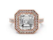 Asscher Cut Diamond Halo Ring Set in Rose gold with Pavé Band and Milgrain-Edged Prongs