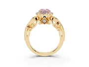 Fancy Pink Oval Cut Diamond Halo Ring Set in Yellow gold with Milgrain Pavé Band and Prong Setting