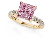 Fancy Pink Princess Cut Diamond Pavé Solitaire Ring Set in Yellow gold with Round Band and Prong Setting