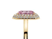 Fancy Pink Emerald Cut Diamond Halo Engagement Ring Set in Yellow gold with Solitaire Band and Prong Setting