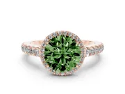 Fancy Green Round Cut Diamond Halo Engagement Ring Set in Rose gold with Pavé Band and Prong Setting
