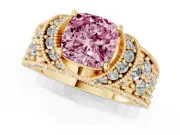 Fancy Pink Cushion Cut Diamond Milgrain Halo Pavé Engagement Ring Set in Yellow gold with Prong Setting