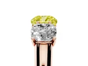 Cushion Cut Three Stone Engagement Ring Setting for a Fancy Yellow Lab-Grown Diamond | Basket Prong Heads | Rose Gold