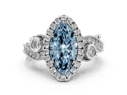 Fancy Blue Marquise Cut Diamond Halo Ring Set in Platinum with Milgrain Pavé Band and Prong Setting