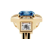 Fancy Blue Asscher Cut Diamond Milgrain Halo Ring Set in Yellow gold with Split Shank