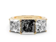 Princess Cut Three Stone Engagement Ring Setting for a Black Center | Beaded Shoulders | Yellow Gold