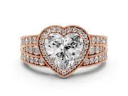 Heart Cut Diamond Halo Ring Set in Rose gold with Accent Split Shank and Prong Setting