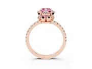 Fancy Pink Cushion Cut Diamond Halo Pavé Band Ring Set in Rose gold with Prong-Held Center