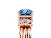 Fancy Blue Three-Stone Cushion Cut Diamond Channel Set Ring Set in Rose gold with Bar Prongs