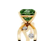 Fancy Green Princess Cut Diamond Solitaire Ring Set in Yellow gold with Side Stones on Criss-Cross Band and Prong Setting