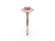 Fancy Pink Round Cut Diamond Milgrain Floral Halo Engagement Ring Set in Rose gold with Pavé Band