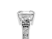 Emerald Cut Diamond Three-Stone Ring Set in White gold with Round Side Stones and Pavé Band