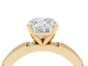 Cushion Cut Diamond Solitaire Ring Set in Yellow gold with Slim Pavé Band and Prong Setting
