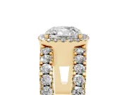 Cushion Cut Diamond Halo Ring Set in Yellow gold with Pavé Split Shank and Prong Setting