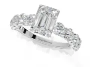 Emerald Cut Side Stone Engagement Ring Setting | Scalloped Prong Accents | White Gold