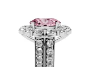 Fancy Pink Oval Cut Diamond Halo Engagement Ring Set in Platinum with Split Shank and Prong Setting