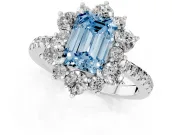 Fancy Blue Emerald Cut Diamond Floral Halo Ring Set in Platinum with Round Pavé Band and Prong Setting
